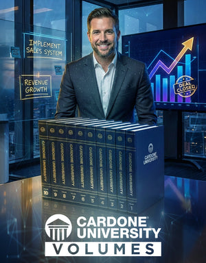 Dynamic image of a confident entrepreneur in a modern workspace, surrounded by hardcover Cardone University Volumes. Visual elements include glowing charts, upward-trending arrows, and illuminated notes, symbolizing sales mastery, business growth, and unstoppable revenue. Energetic, focused, and aspirational, reflecting the complete sales system from Grant Cardone.