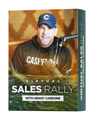 Grant Cardone smiling while speaking into a podcast-style microphone, wearing a black “Cash Flow” hoodie from his brand. Bold yellow tones highlight the background with the text “Virtual Sales Rally with Grant Cardone,” emphasizing his energy and modern sales coaching style.