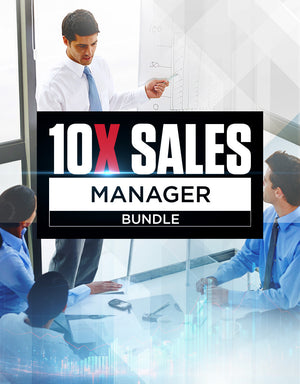 Executive presenting 10X Sales Manager Bundle on a whiteboard to three professionals in dress shirts and ties, demonstrating sales management training and leadership strategies.