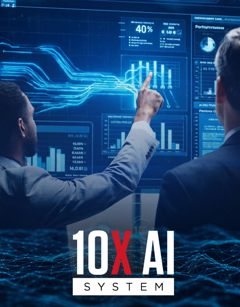Two executives interacting with a glowing digital chart on a touch screen, showing funnels, percentages, and analytics, representing the 10X AI system.