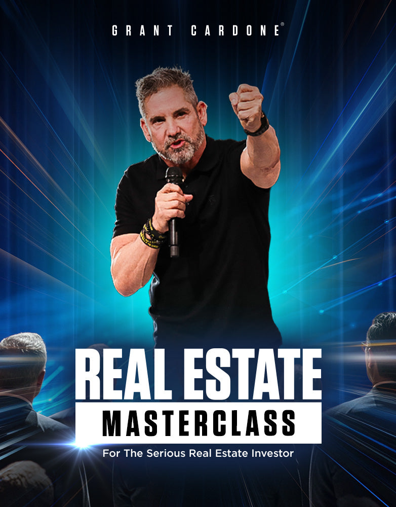 Grant Cardone speaking at the Real Estate Masterclass, wearing a black shirt with a microphone, in front of a live audience on an electric blue background. Text overlay: &#39;Grant Cardone Real Estate Masterclass, for the serious real estate investor.&#39;