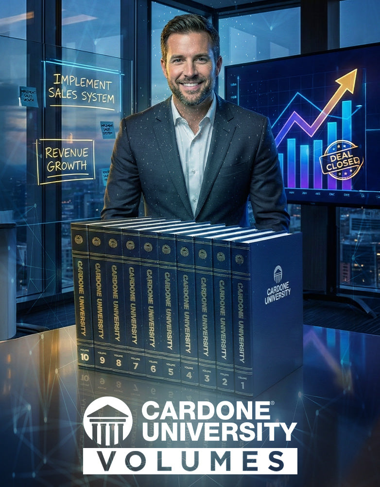 Dynamic image of a confident entrepreneur in a modern workspace, surrounded by hardcover Cardone University Volumes. Visual elements include glowing charts, upward-trending arrows, and illuminated notes, symbolizing sales mastery, business growth, and unstoppable revenue. Energetic, focused, and aspirational, reflecting the complete sales system from Grant Cardone.