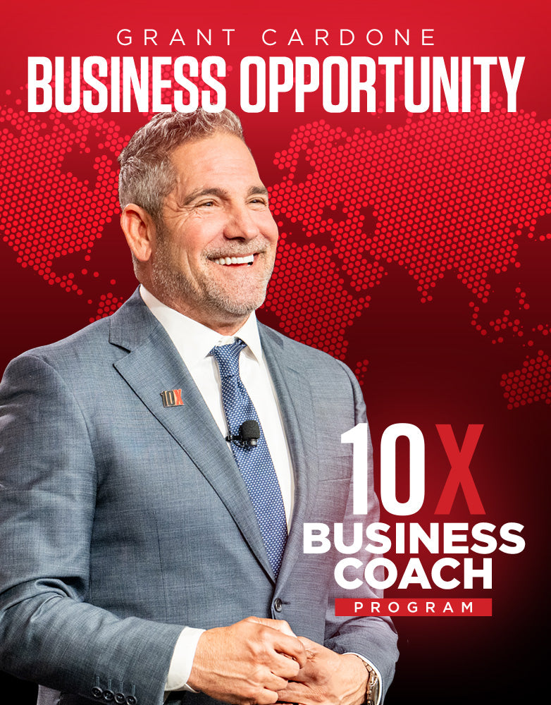 Grant Cardone smiling in a gray suit with 10X pin and lapel mic, red world map background, text reading Grant Cardone Business Opportunity and 10X Business Coach Program