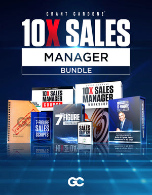 Grant Cardone 10X Sales Manager Bundle graphic showing included programs and tools such as KPI tracker, sales scripts, coaching calls, workshop, and course for sales manager training and leadership development.