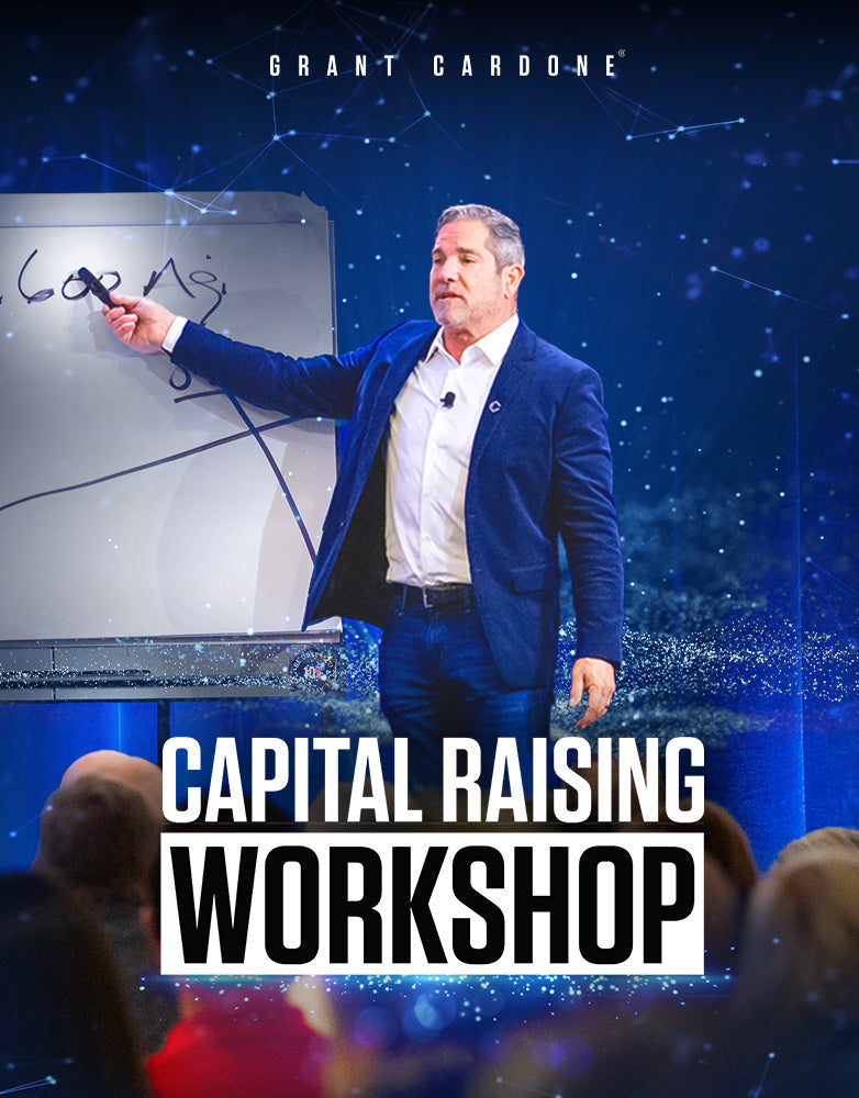 Grant Cardone in a blue blazer presenting capital raising strategies at the Capital Raising Workshop in front of a large audience, with a blue background and visible Grant Cardone branding.