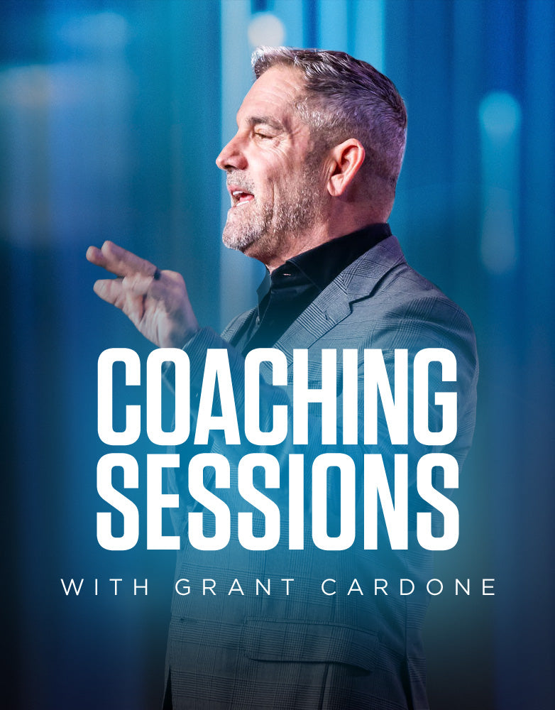 Grant Cardone leading a private coaching session, wearing a black shirt and electric blue blazer, teaching entrepreneurs in high-impact business strategies.