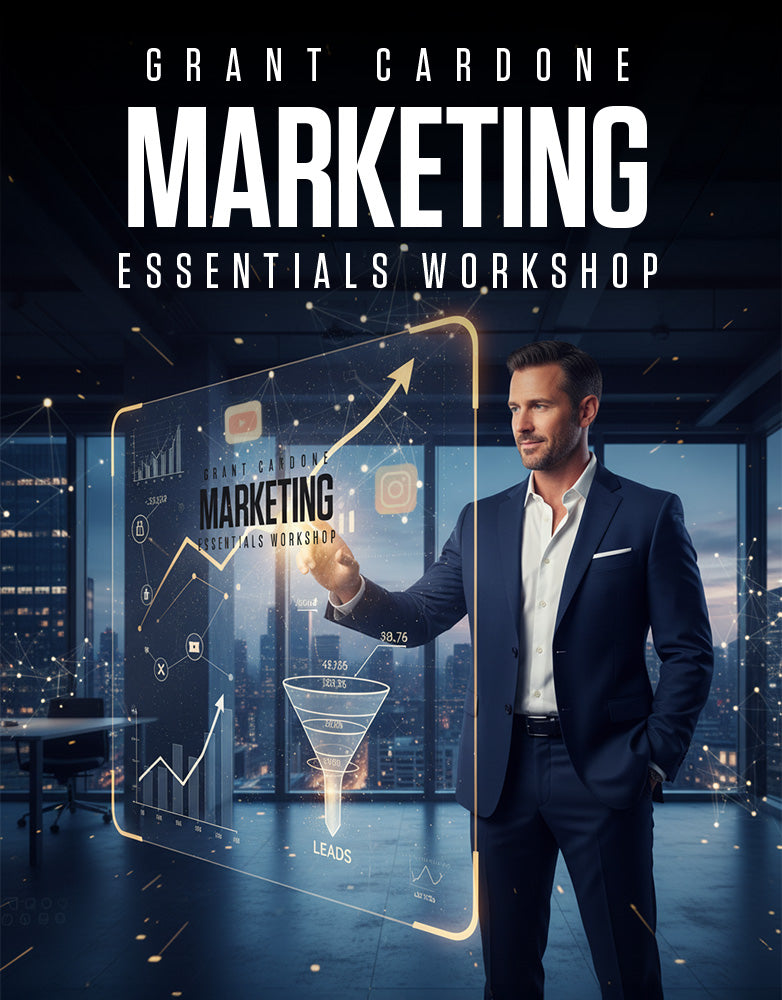 Business professional presenting the Marketing Essentials Workshop, visualizing lead generation, marketing funnels, and business growth strategy through digital analytics and modern marketing tools.