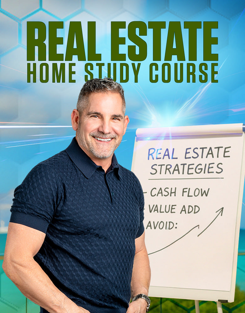 Grant Cardone in a casual polo shirt looking at the camera, standing in front of a large notebook labeled "Real Estate Strategies: Cash Flow, Value Add, Avoid" with an upward arrow. Text overlay reads "Real Estate Home Study Course" – highlighting real estate investing, cash flow strategies, and portfolio growth.