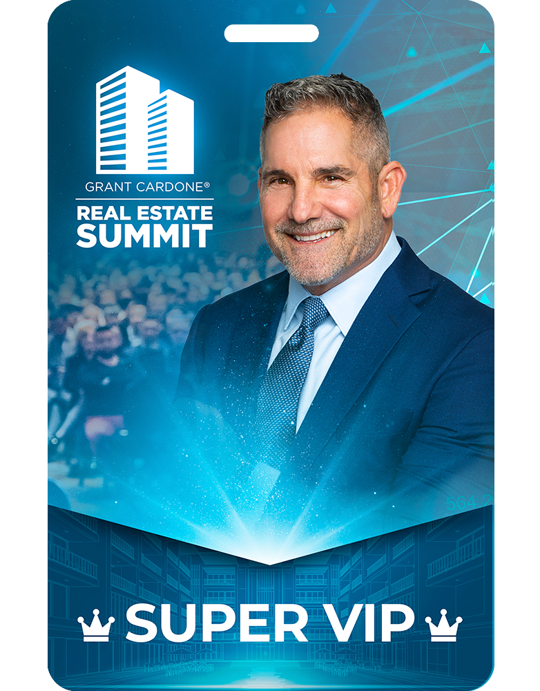 Promotional image for the Real Estate Summit featuring a man in a suit with the text 'Grant Cardone', 'Real Estate Summit', and 'Super VIP' along with graphical elements like a building and crowds.
