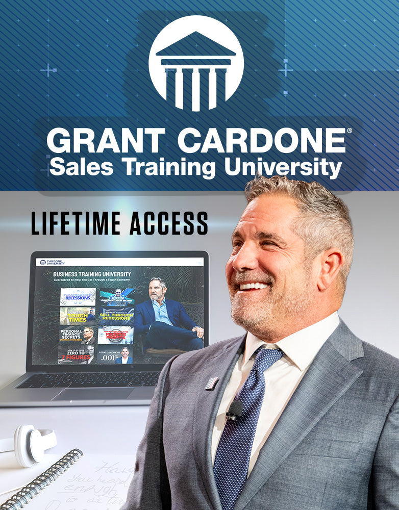 Grant Cardone smiling in a suit and tie, with a laptop showing the Cardone University dashboard, a notebook and headphones for studying, &quot;Lifetime Access&quot; above the laptop, and the Cardone University logo with &quot;Grant Cardone Sales Training University&quot; at the top.