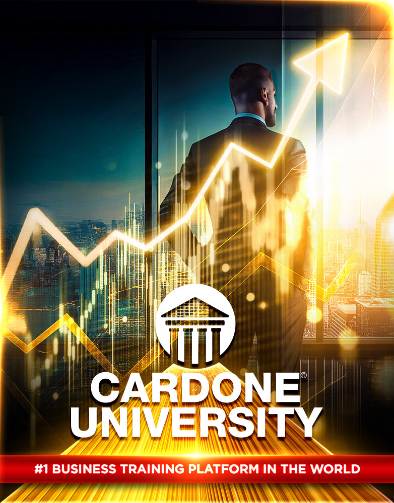 Business professional overlooking a city skyline with an upward growth chart, representing sales growth, business training, and success through Grant Cardone University.