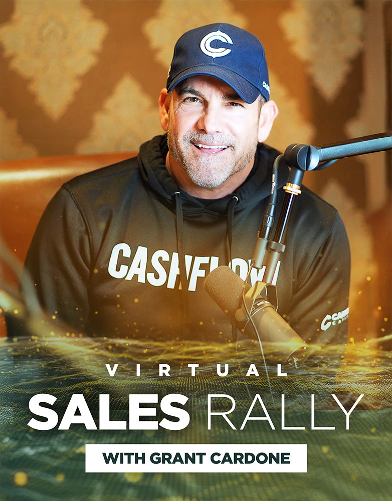 Grant Cardone smiling while speaking into a podcast-style microphone, wearing a black “Cash Flow” hoodie from his brand. Bold yellow tones highlight the background with the text “Virtual Sales Rally with Grant Cardone,” emphasizing his energy and modern sales coaching style.