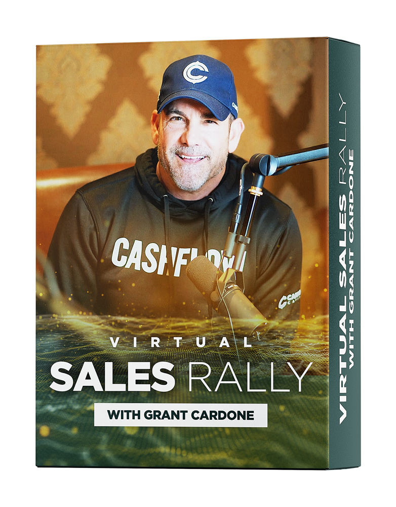 Grant Cardone smiling while speaking into a podcast-style microphone, wearing a black “Cash Flow” hoodie from his brand. Bold yellow tones highlight the background with the text “Virtual Sales Rally with Grant Cardone,” emphasizing his energy and modern sales coaching style.
